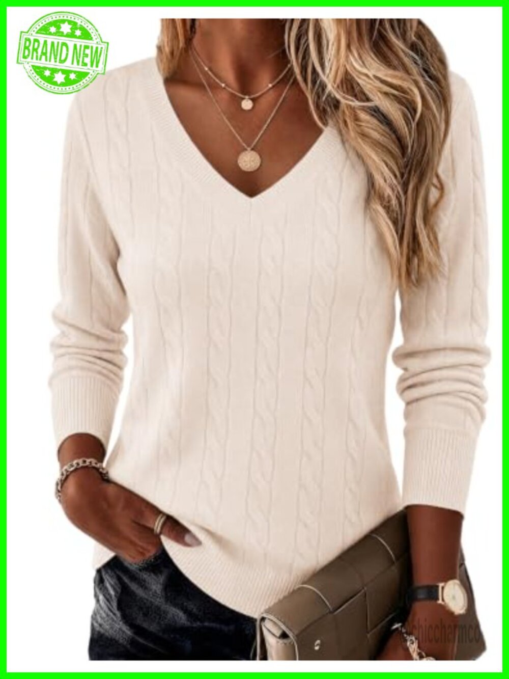 Cable Knit V Neck Long Sleeve Pullover Sweater